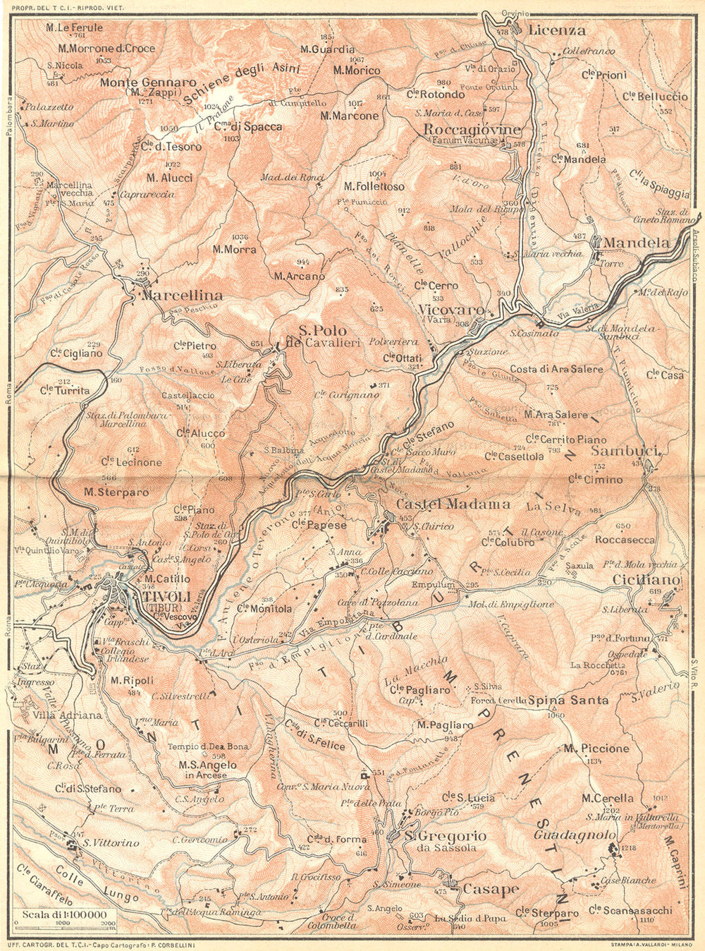 ITALY. Da Tivoli a Mandela. Ciciliano Marcellina Licenza Vicovaro 1924 old map