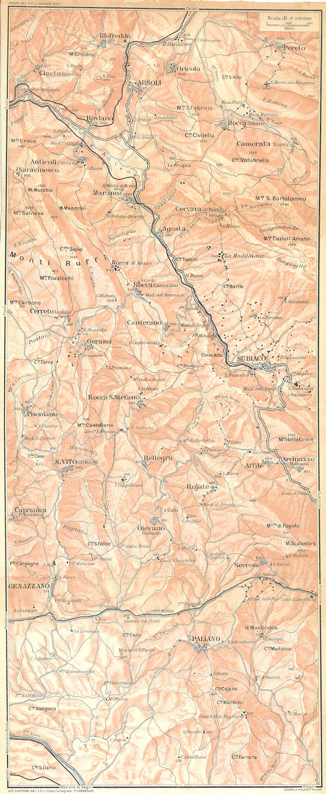 ITALY. Arsoli Subiaco Genazzano paliano Genazzano Marano Equo 1924 old map
