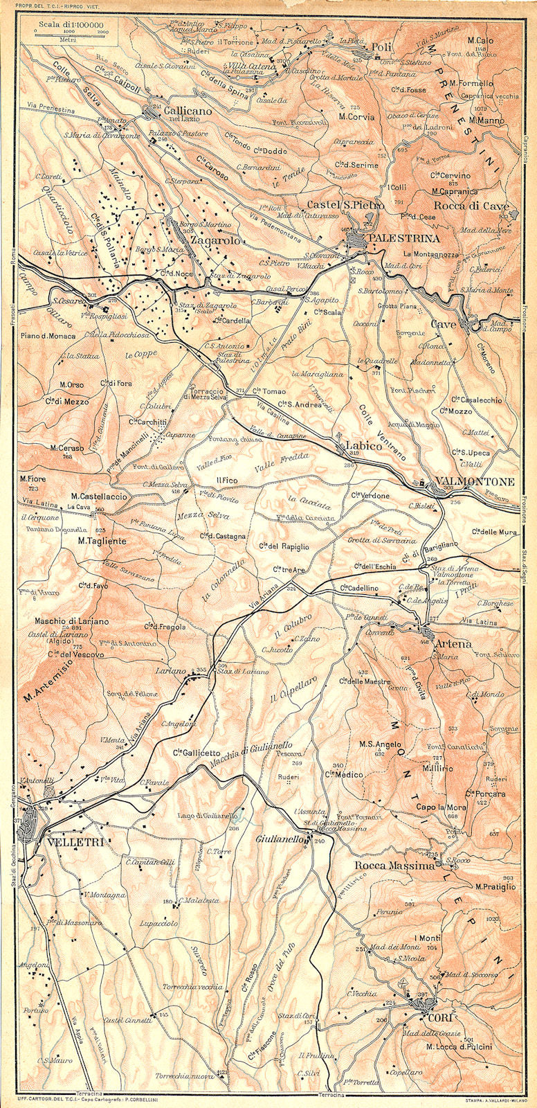ITALY. Palestrina Velletri Cori gallicano Valmontone Zagarolo Artena 1924 map