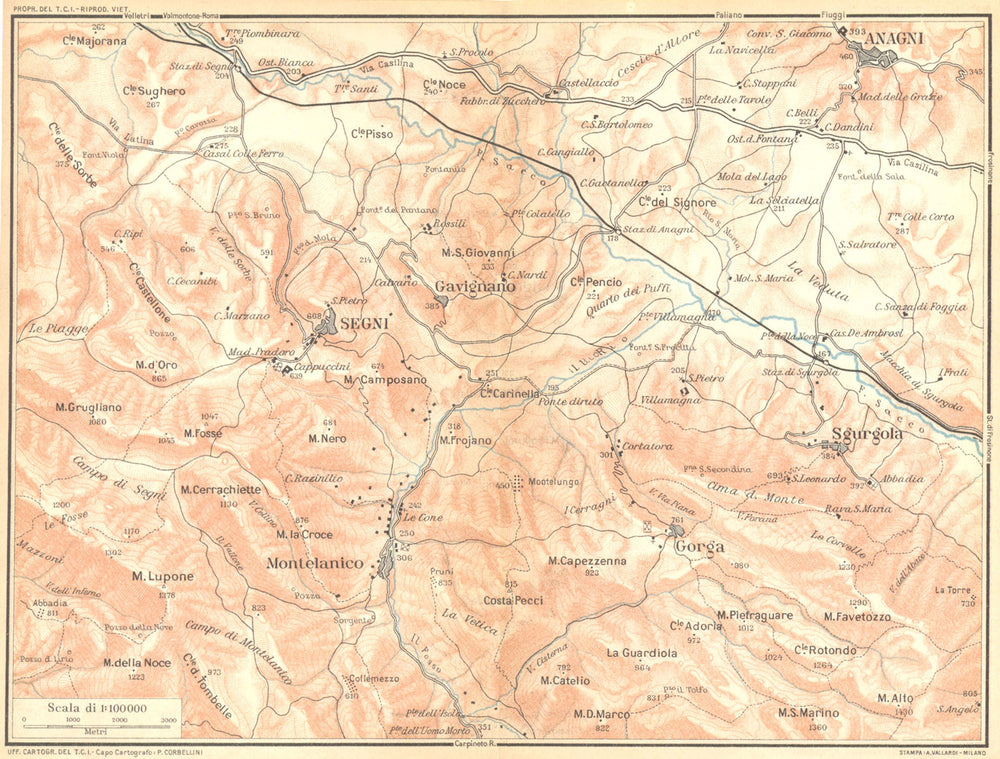 ITALY. Da Roma a Fiuggi e a Frosinone Scalo. Anagni, Segni 1924 old map