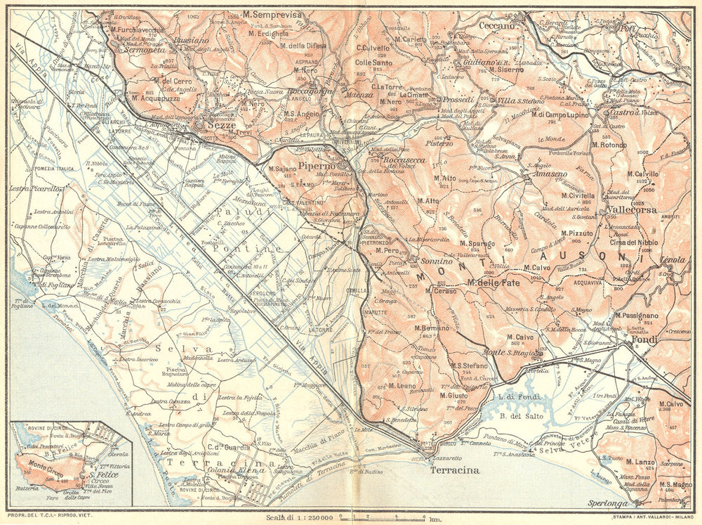 ITALY. Paludi Pontine. Monti Ausoni. Sezze Ceccano Terracina 1924 old map