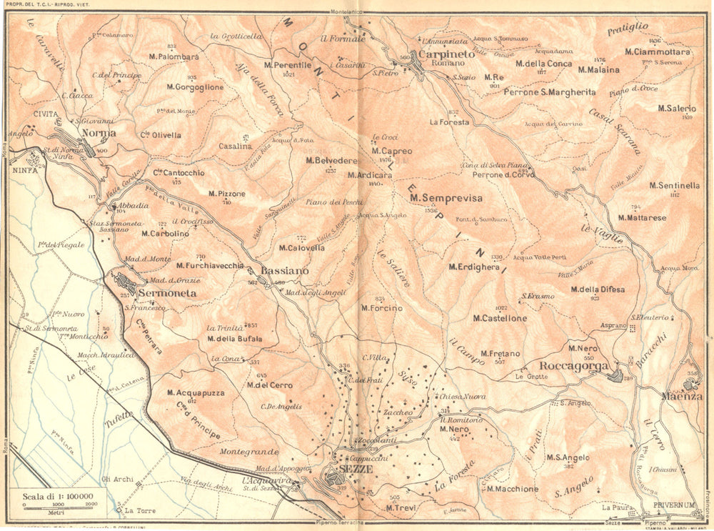 ITALY. Norma, Carpineto, Sezze Romano 1924 old antique vintage map plan chart