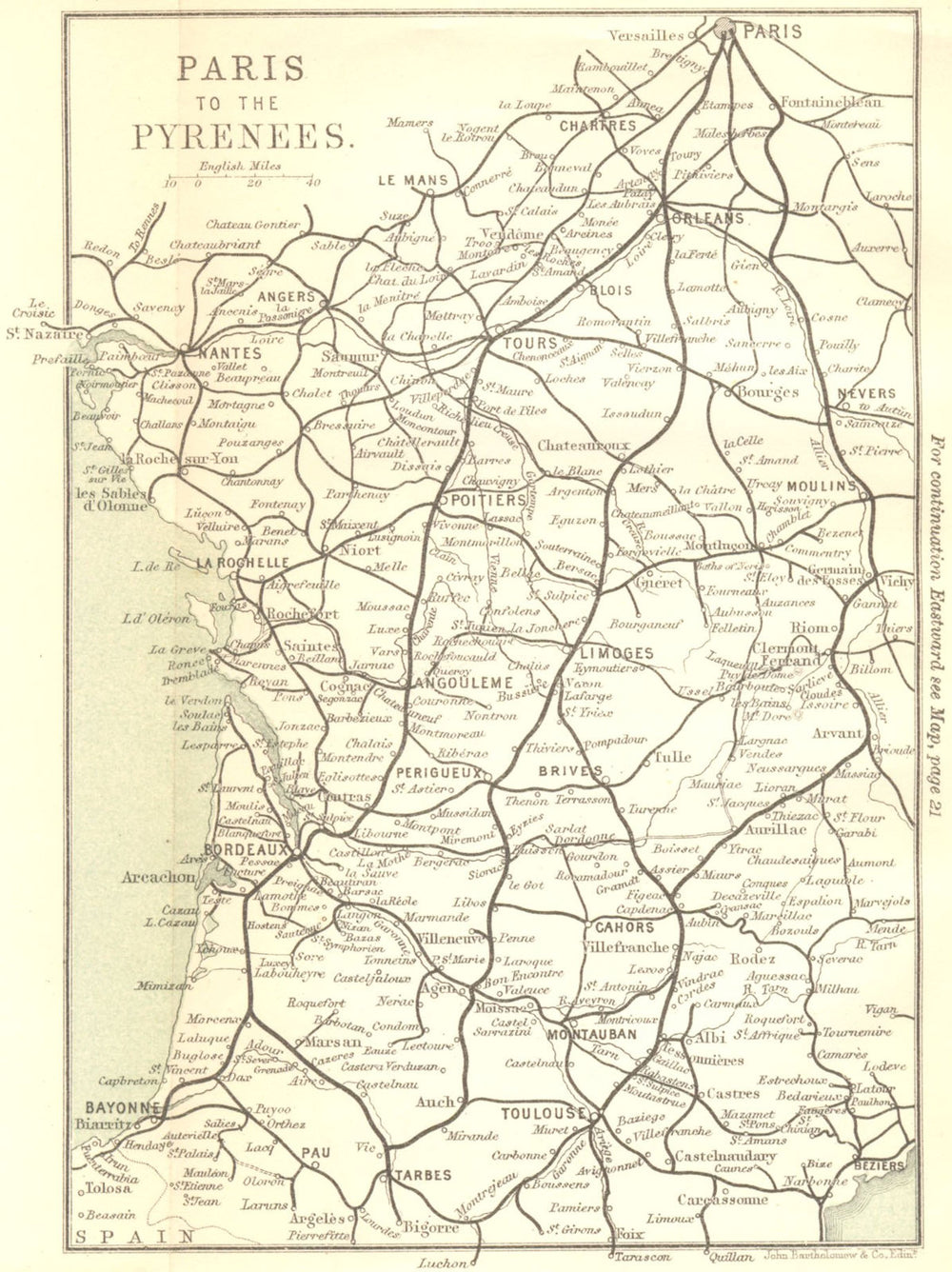 FRANCE. Paris to the Pyrenees 1889 old antique vintage map plan chart