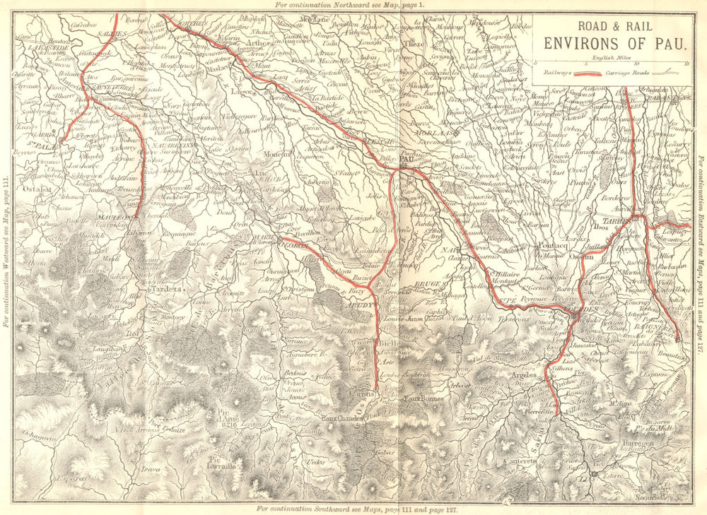 PYRÉNÉES-ATLANTIQUES. Western Pyrenees. Road & Rail area of Pau 1889 old map