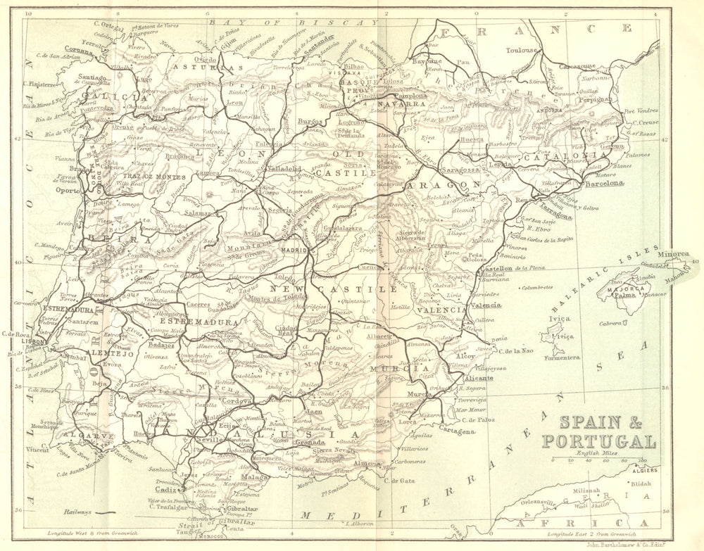 SPAIN. Eastern Pyrenees. Spain & Portugal 1889 old antique map plan chart