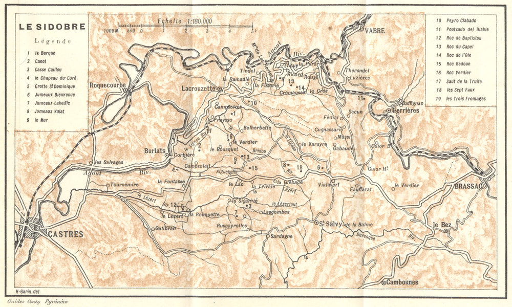 TARN. Le Sidobre 1923 old antique vintage map plan chart