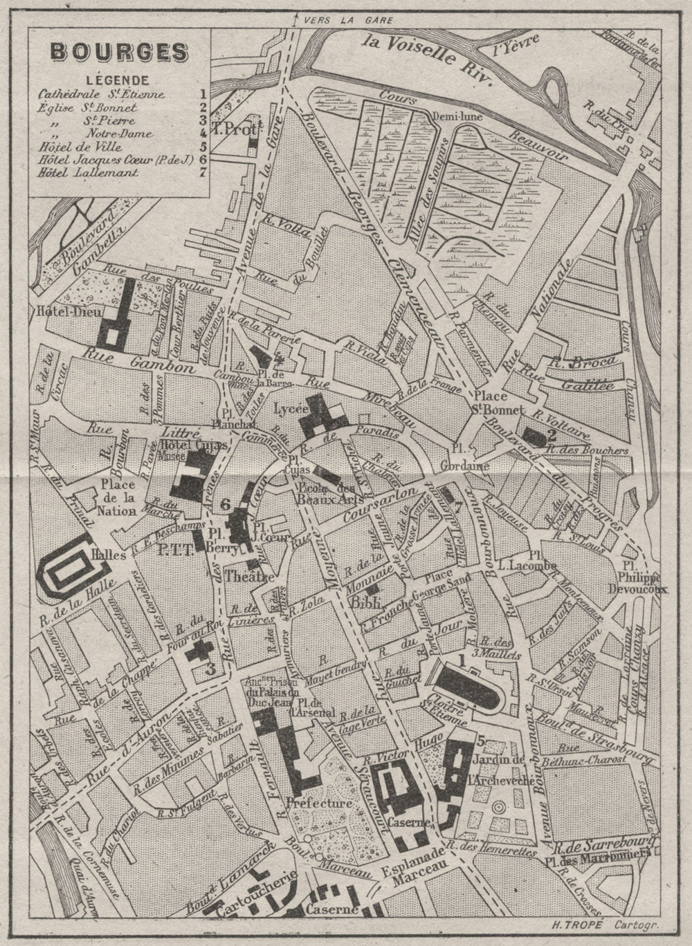 CHER. Bourges 1923 old antique vintage map plan chart