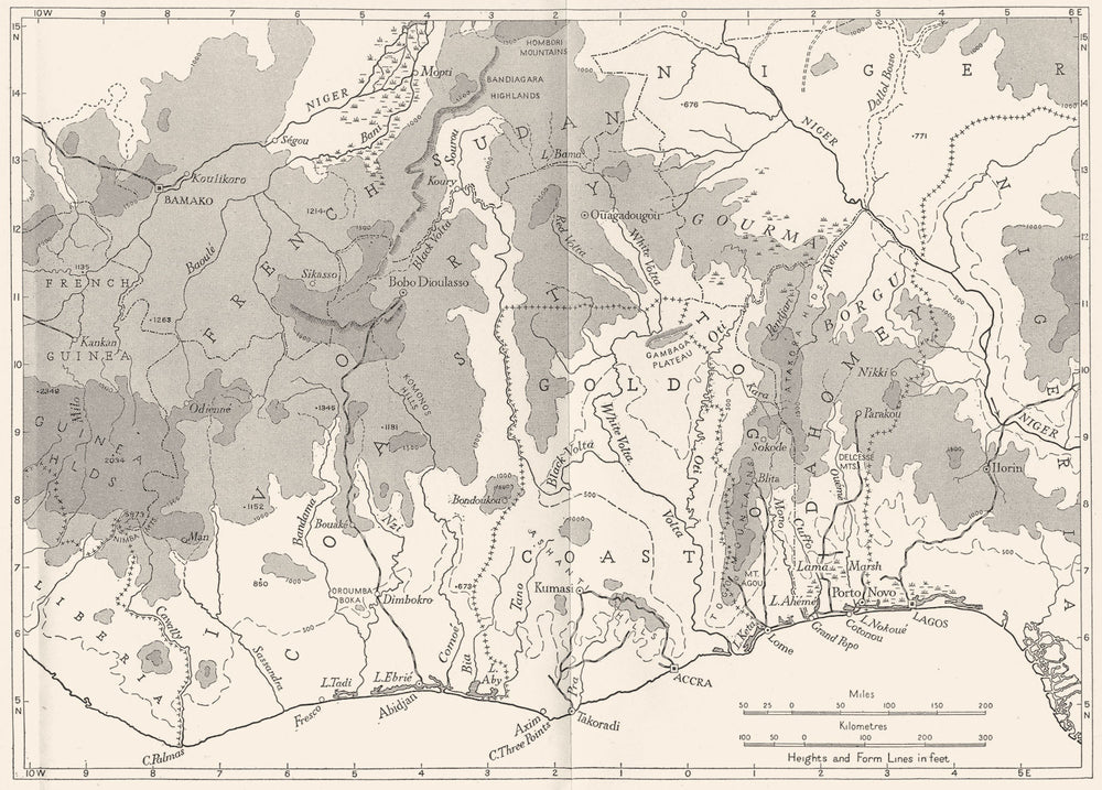 GUINEA. physical and geology. The Guinea Coast Basins 1943 old vintage map
