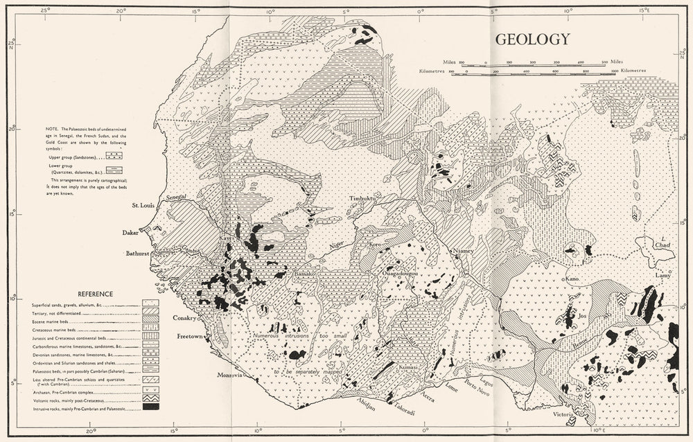 AFRICA. physical and geology. Geology 1943 old vintage map plan chart