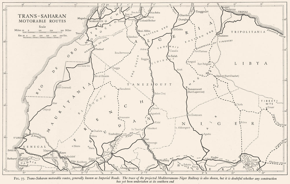 AFRICA. Trans-Sahara Imperial Road Planned Mediterranean-Night Railway 1943 map