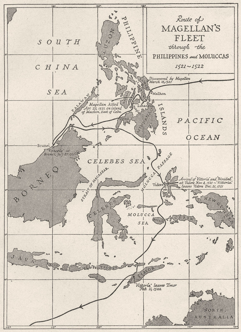 PHILIPPINES. Discovery. Route of Magellan; Moluccas, 1521-22; sketch map 1942