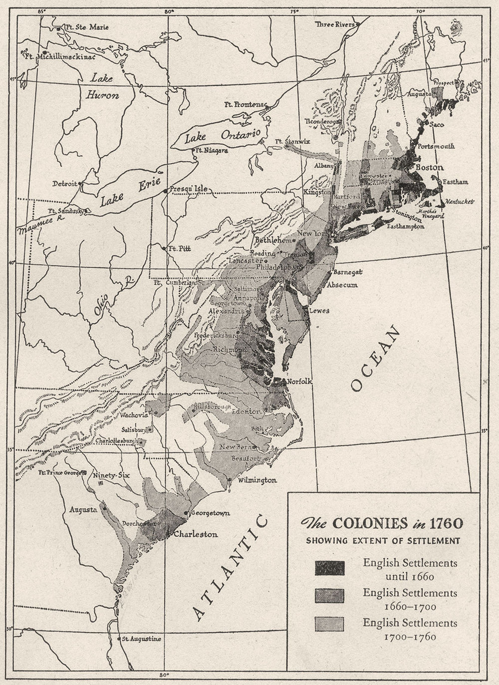 USA. The Colonies in 1760 showing extent of settlement, sketch map 1942