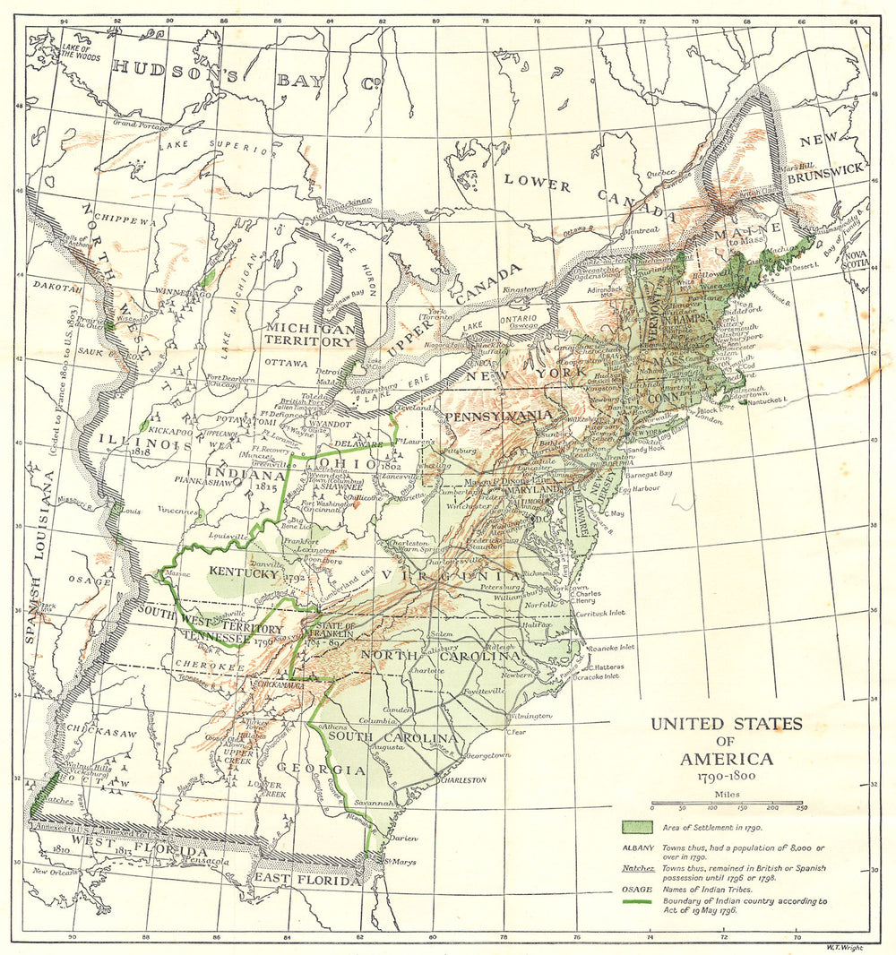 USA. US in 1790-1800 1942 old vintage map plan chart
