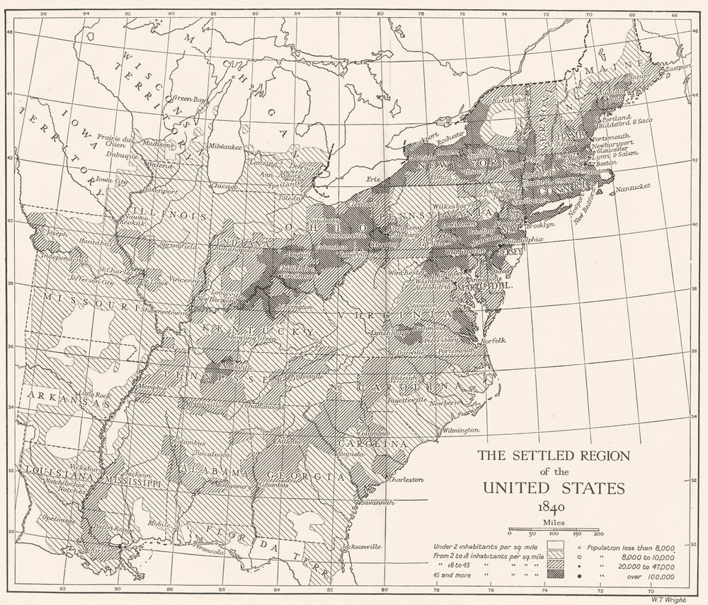 USA. Northern States, 1820-1850. settled region of US 1840 1942 old map