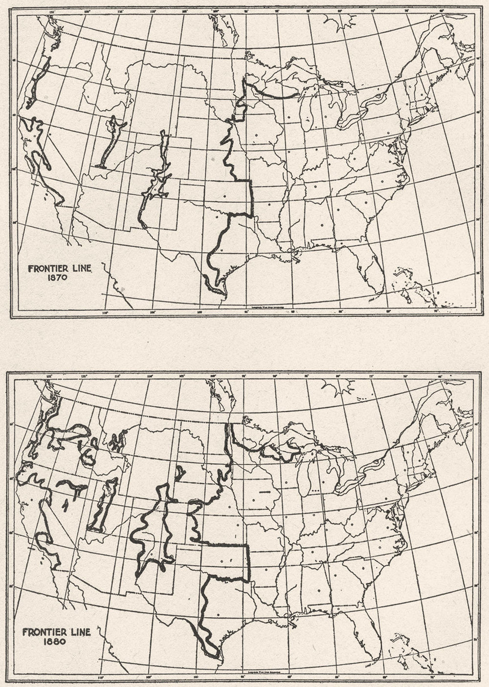USA. Frontier Line 1870; Frontier Line 1880, sketch map 1942 old vintage
