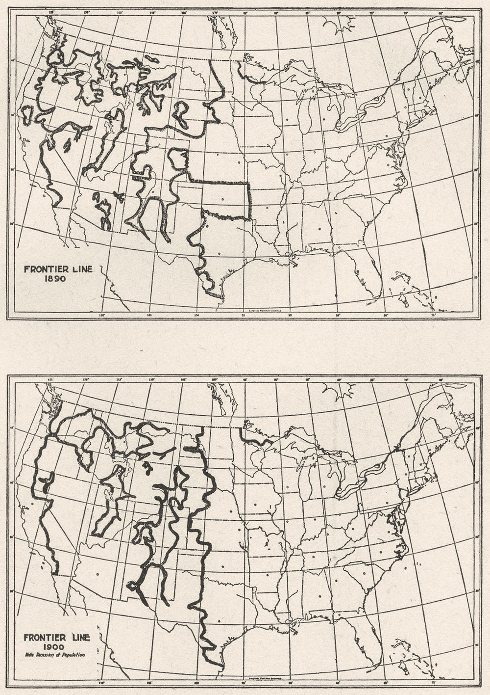 USA. Frontier Line 1890; Frontier Line 1900, sketch map 1942 old vintage