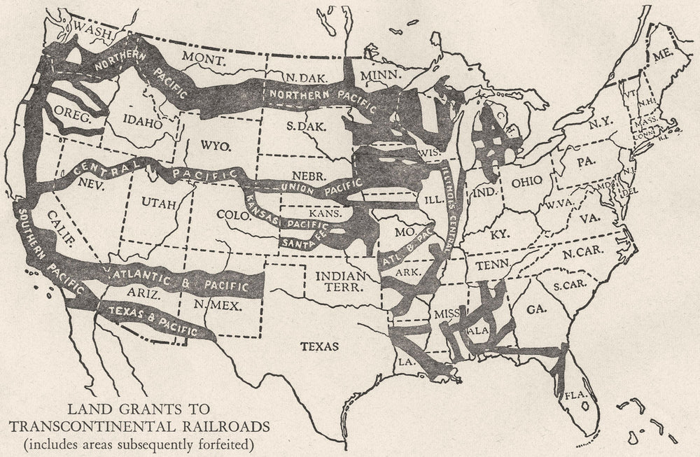 USA. Land grants to Transcontinental Railroads, sketch map 1942 old