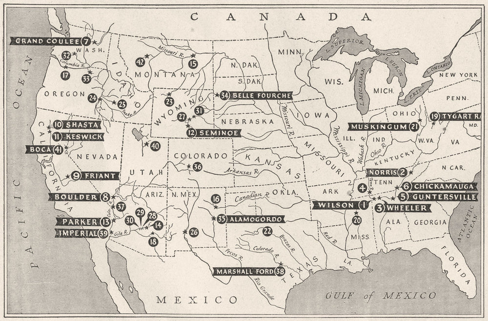 USA. Agriculture. Irrigation projects & Roster of Federal Dams, sketch map 1942