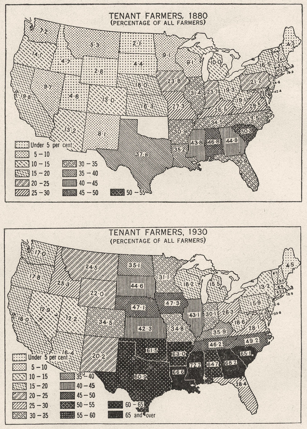 USA. Agriculture. Tenant Farmers, 1880(% of all); 1930(%) sketch map 1942