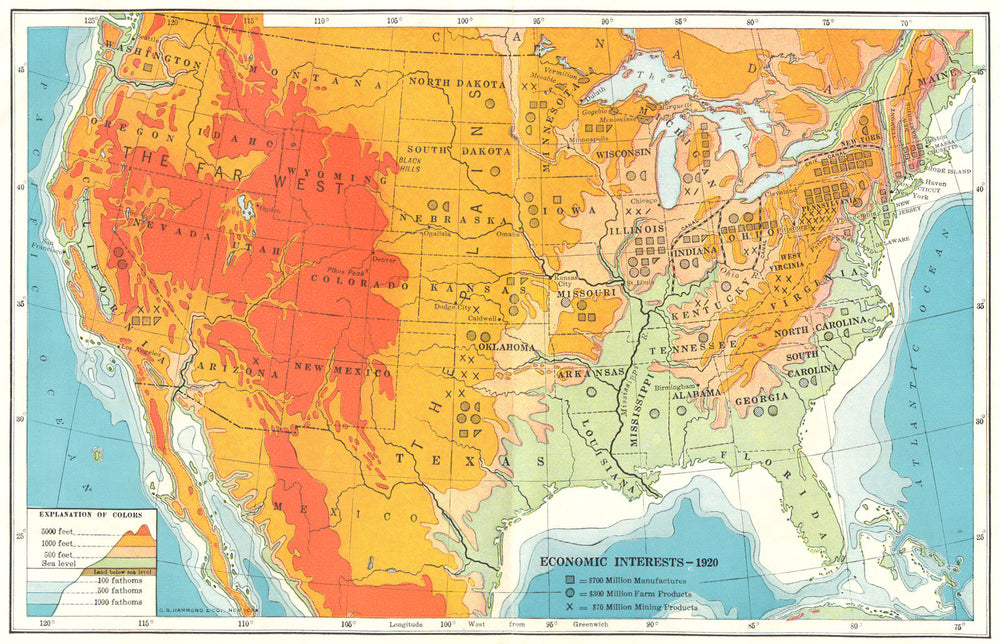 USA. Economic Interests 1920 1942 old vintage map plan chart