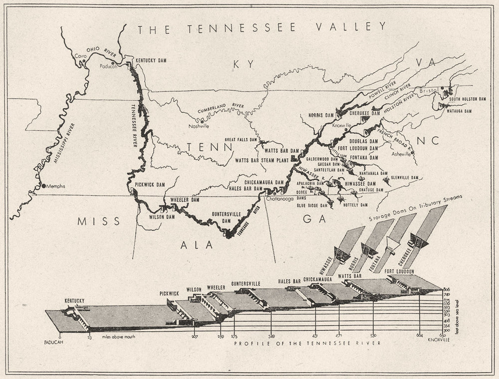 TENNESSEE. The new deal, 1933. The Tennessee Valley, sketch map 1942 old