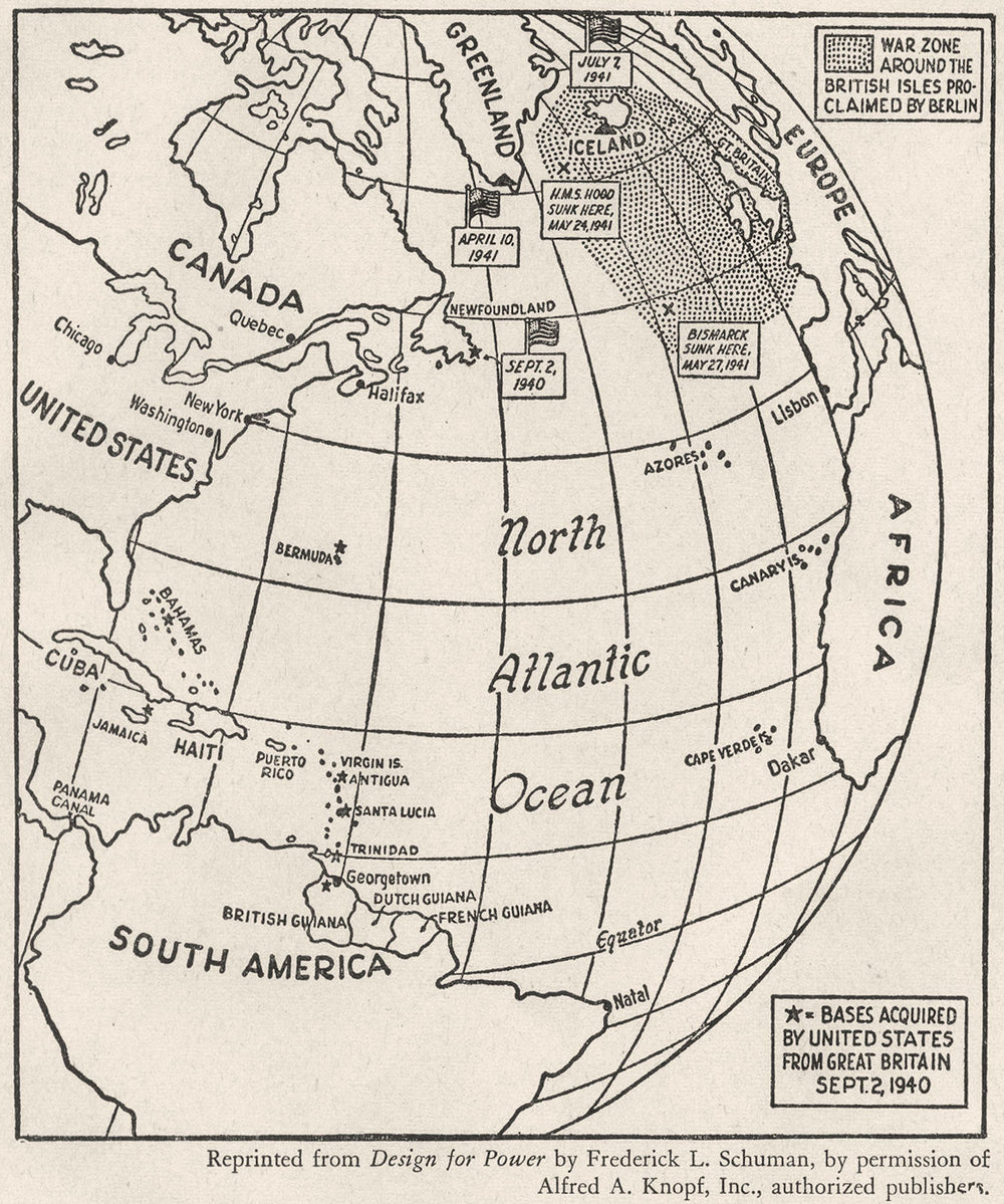 WW2. UK war zone declared, Berlin. UK bases handed to USA 1940, sketch map 1942