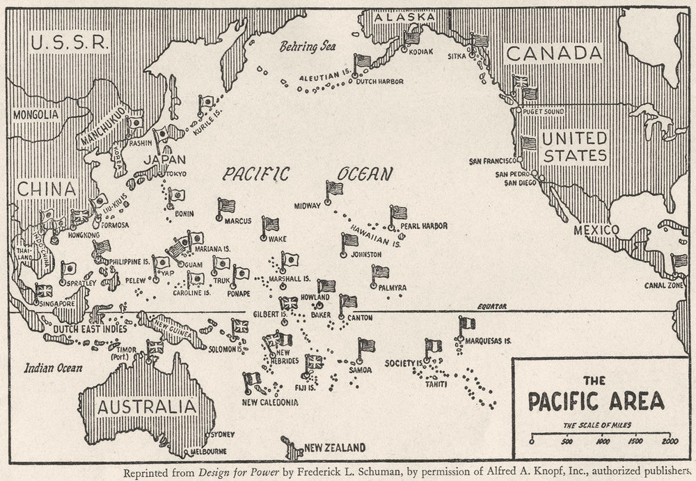 PACIFIC. The second world war. theatre, sketch map 1942 old vintage chart