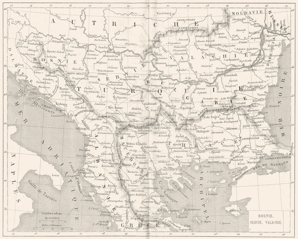 BOSNIA. Bosnie, Servie, Valachie(Wallachia)Serbia Romania 1879 old antique map