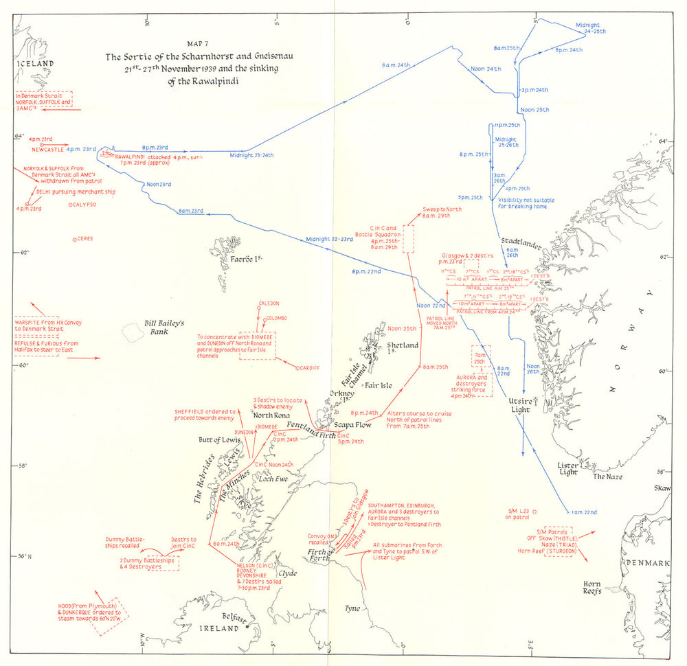 NAVAL. Sortie Scharnhorst & Gneisenau, Nov 1939 & sinking Rawalpindi 1954 map