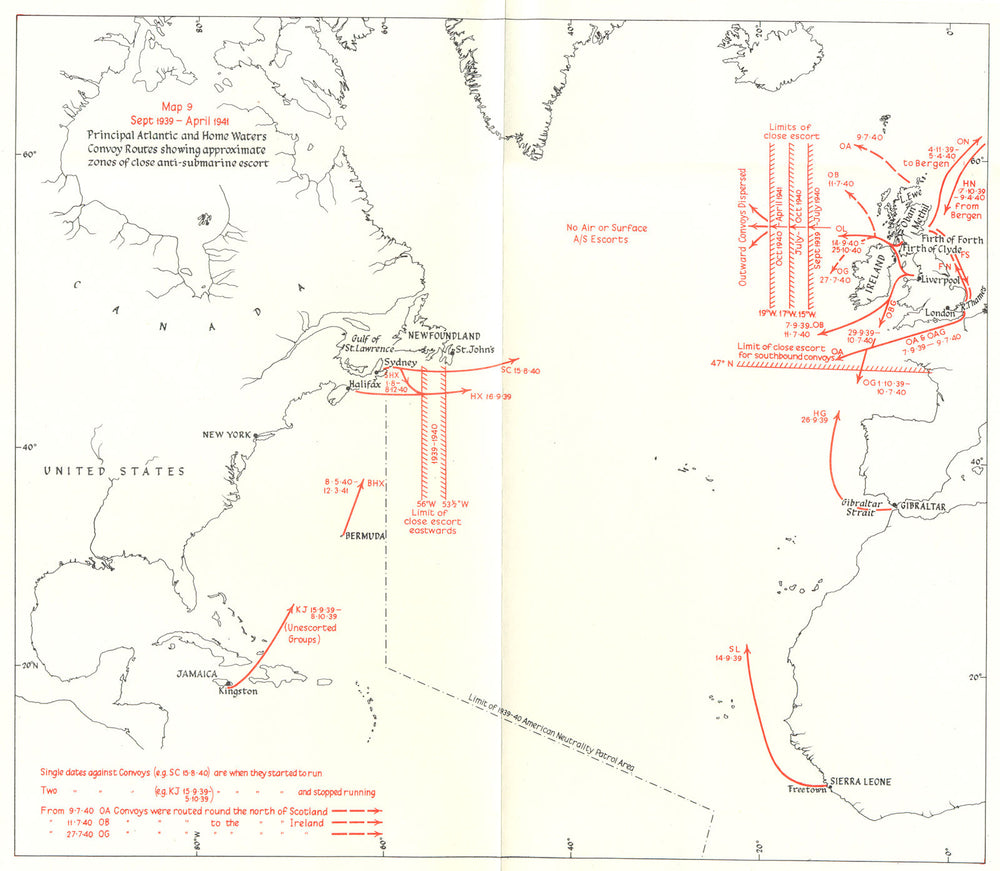 ATLANTIC. Main convoy routes. Zones anti-submarine escort 1939-41 1954 old map