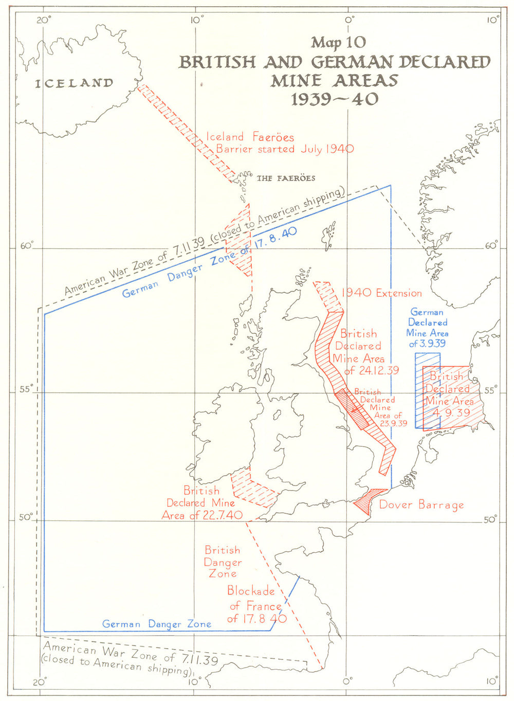 EUROPE. British and German declared mine areas, 1939-40 1954 old vintage map