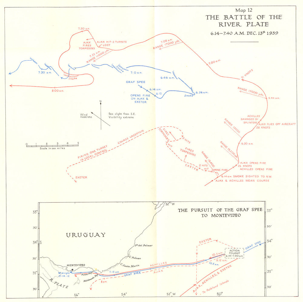 BATTLE OF RIVER PLATE(RIO DE LA PLATA). 1939; Graf Spee to Montevideo 1954 map