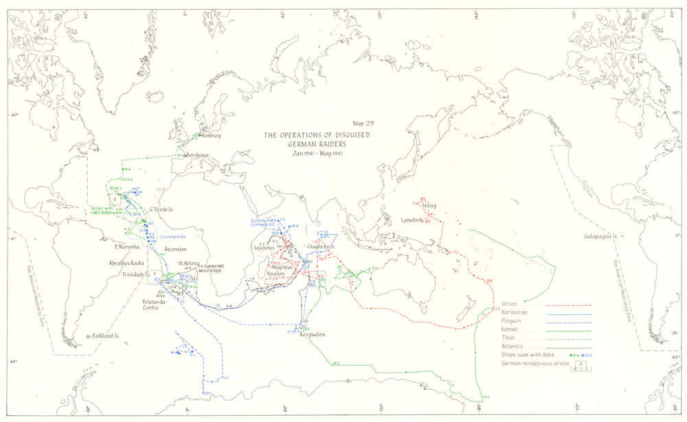 WW2 NAVAL WARFARE. Operations of disguised German Raiders Jan-May 1941 1954 map