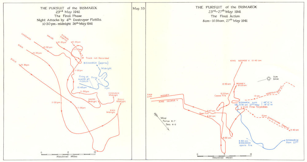 ATLANTIC. The pursuit of the Bismarck May 1941. Final action 1954 old map