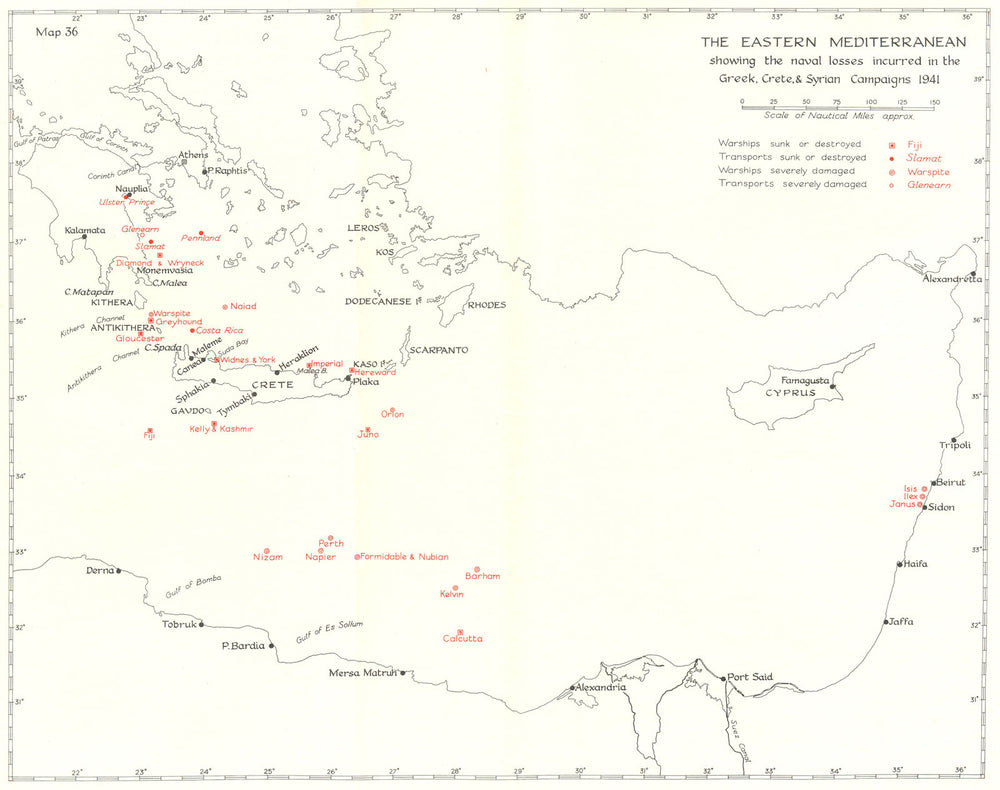 EASTERN MEDITERRANEAN. Naval losses, Greek, Crete Syria Campaigns 1941 1954 map