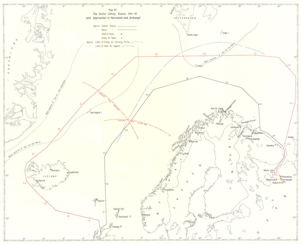 ARCTIC CONVOY ROUTES. 1941-42 & Approaches to Murmansk & Archangel 1954 map
