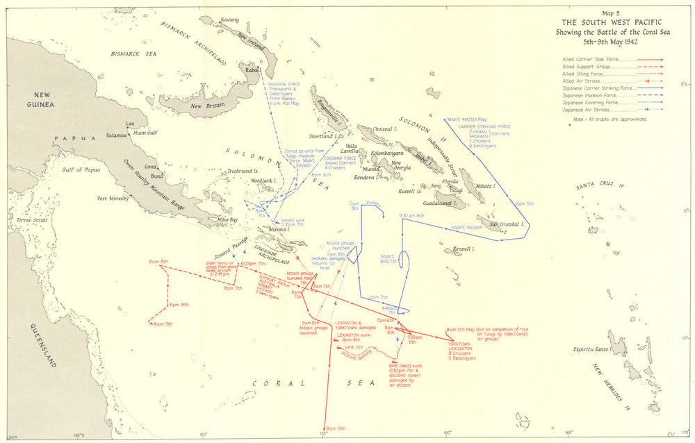 SOUTH WEST PACIFIC. Battle of the Coral Sea 5th-9th May 1942 1956 old map