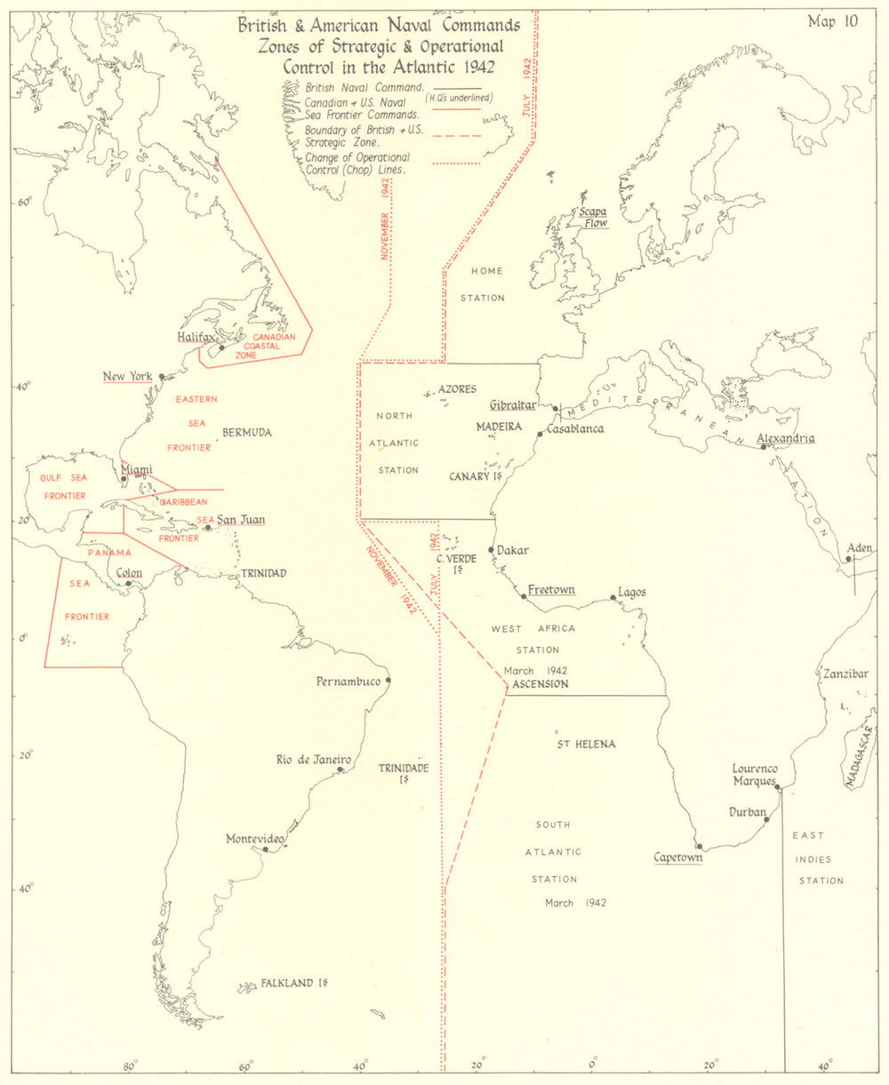 BATTLE OF THE ATLANTIC. British US Naval Command Zones 1942 1956 old map