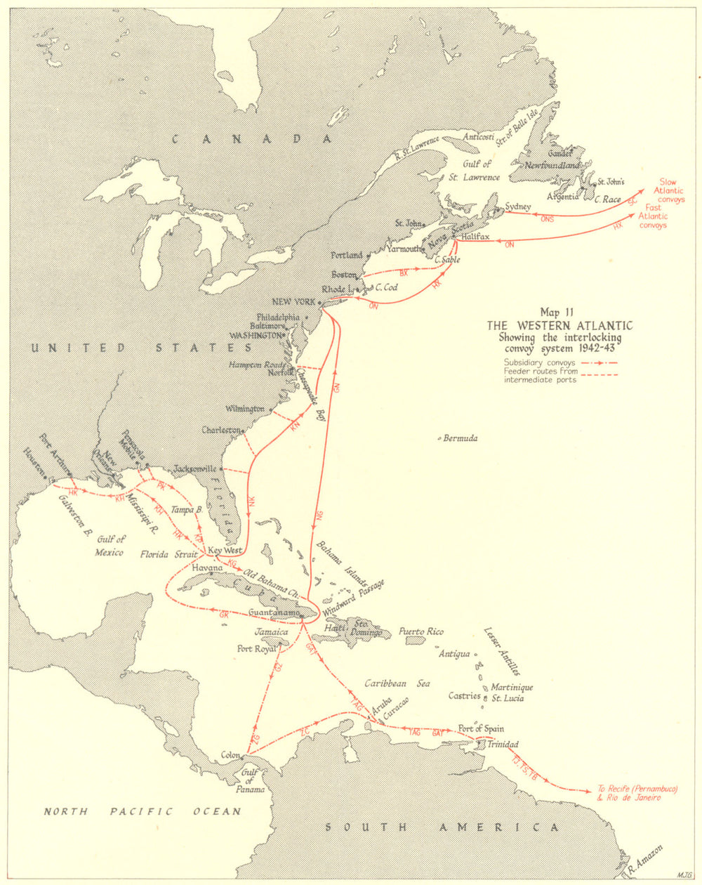 BATTLE OF THE ATLANTIC. Western Atlantic. Convoy system 1942-43 1956 old map
