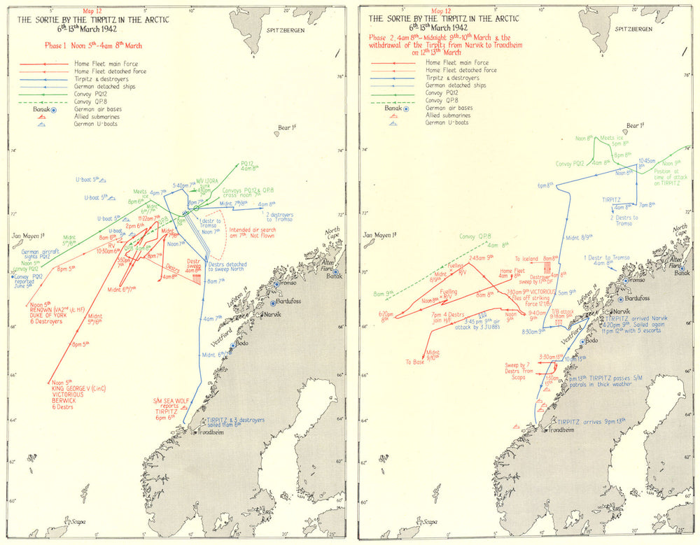 ARCTIC. The sortie by the Tirpitz 6th-13th March 1942 1956 old vintage map