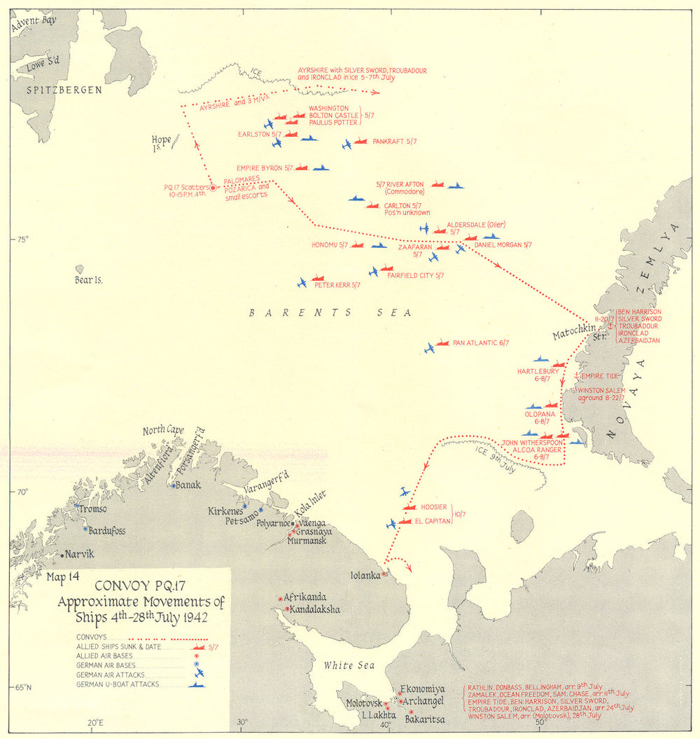 ARCTIC. Convoy PQ 17 movements of ships 4th-28th July 1942 1956 old map