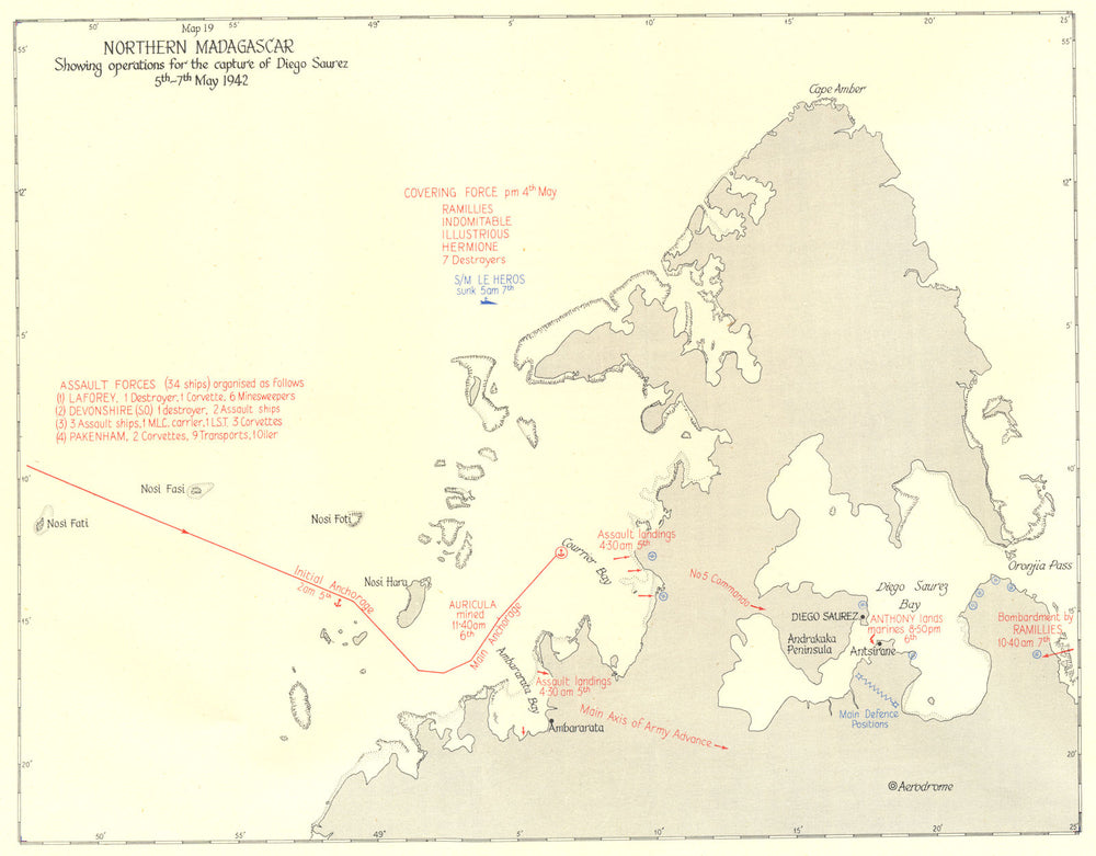MADAGASCAR. Operations for capture of Diego Saurez May 1942 1956 old map