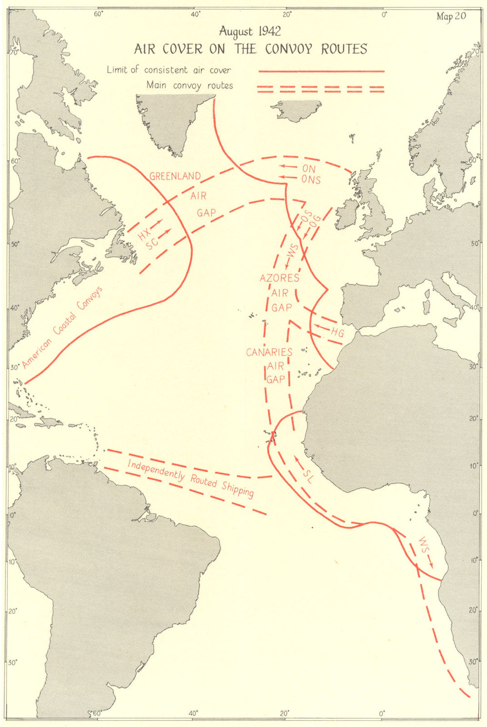 BATTLE OF THE ATLANTIC. 2nd campaign. Aug 1942 Air cover convoy routes 1956 map