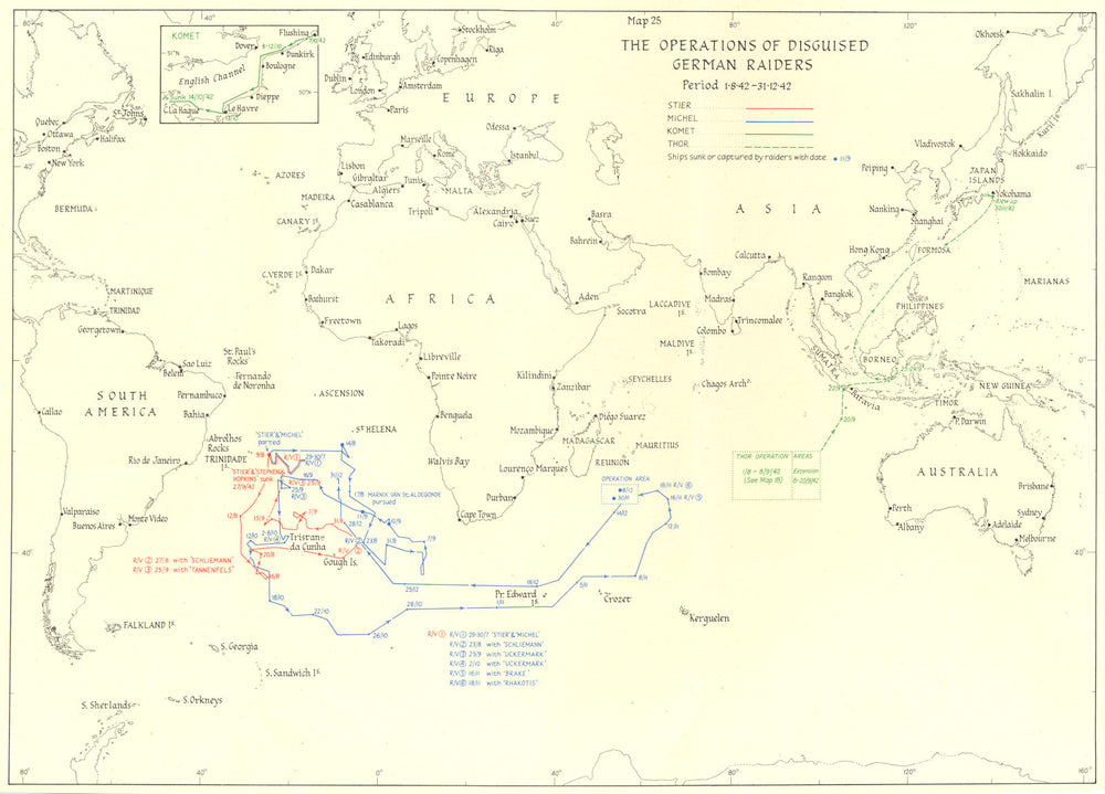 WW2 NAVAL WARFARE. Aug-Dec 1942 Operations of disguised German Raiders 1956 map