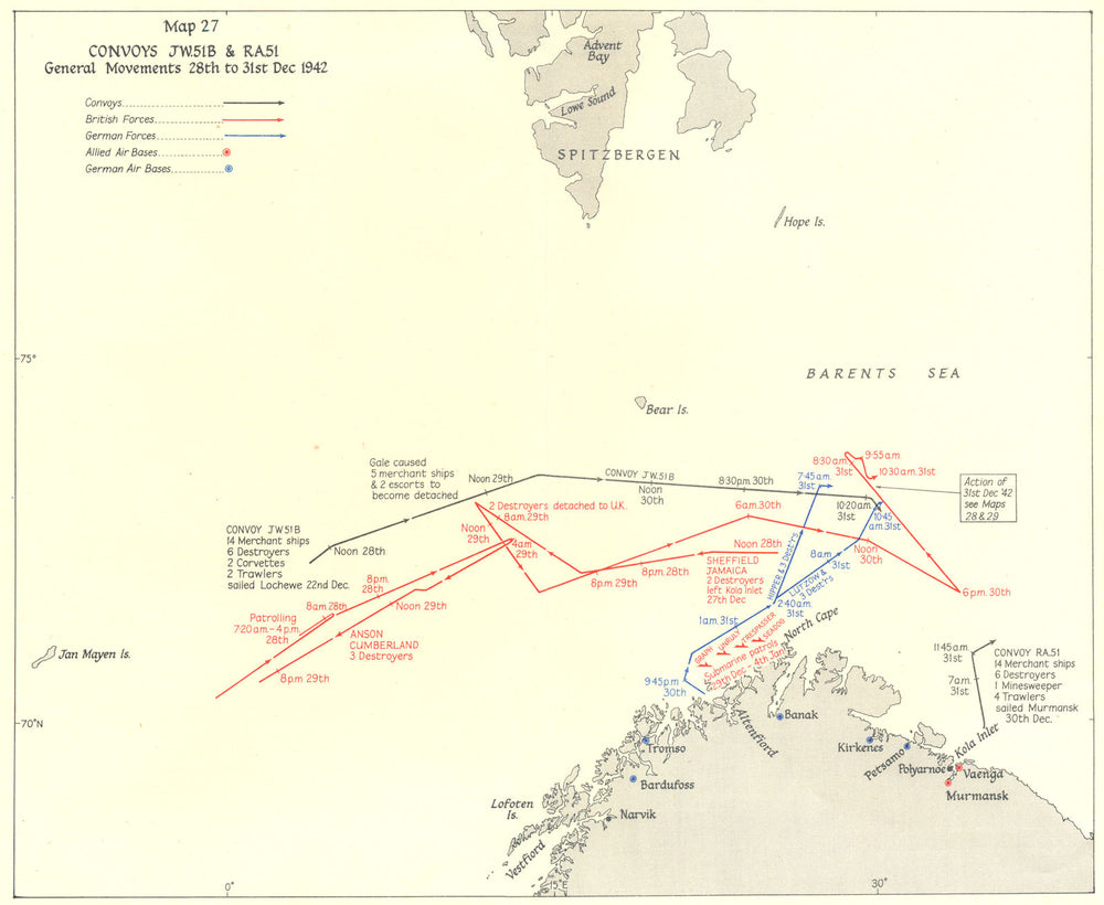 ARCTIC. Convoys JW 51B & RA51 General Movements 28th to 31st Dec 1942 1956 map