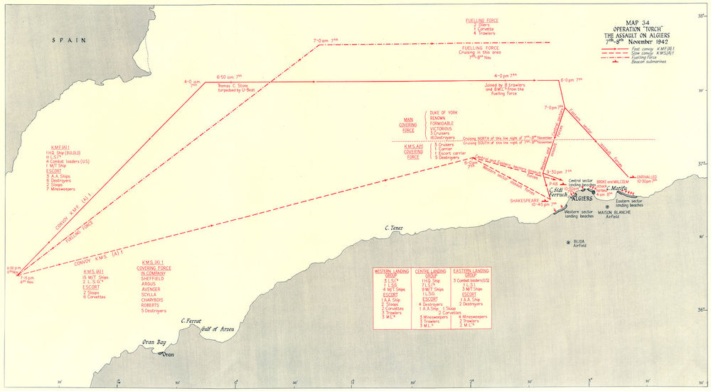 ALGERIA. Operation Torch assault, Algiers 7th-8th Nov 1942 1956 old map