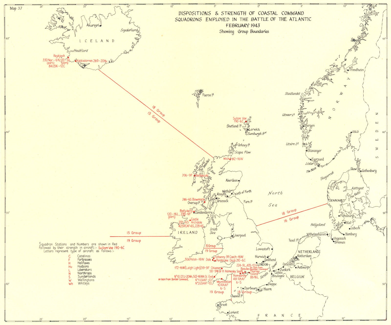 BATTLE OF THE ATLANTIC. Coastal command squadrons Feb 1943 boundaries ...