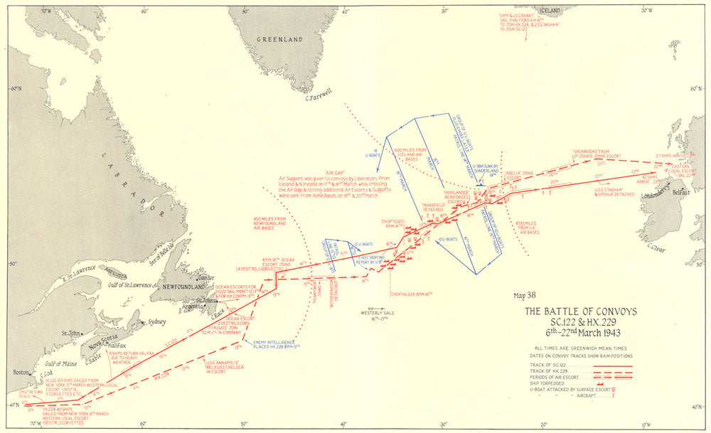 BATTLE OF THE ATLANTIC. Convoys SC 122 & HX 229 6th-22nd March 1943 1956 map