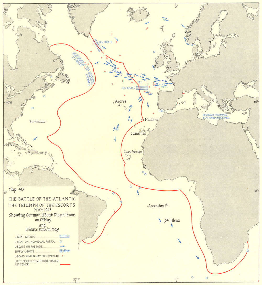 BATTLE OF THE ATLANTIC. German U-Boat positions 1st May & sunk in 1943 1956 map