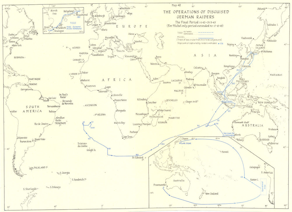 WW2 NAVAL WARFARE. Jan-May 1943 operations of disguised German Raiders 1956 map